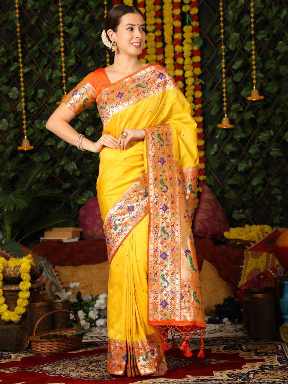 Yellow Banarasi Soft Silk Paithani Saree