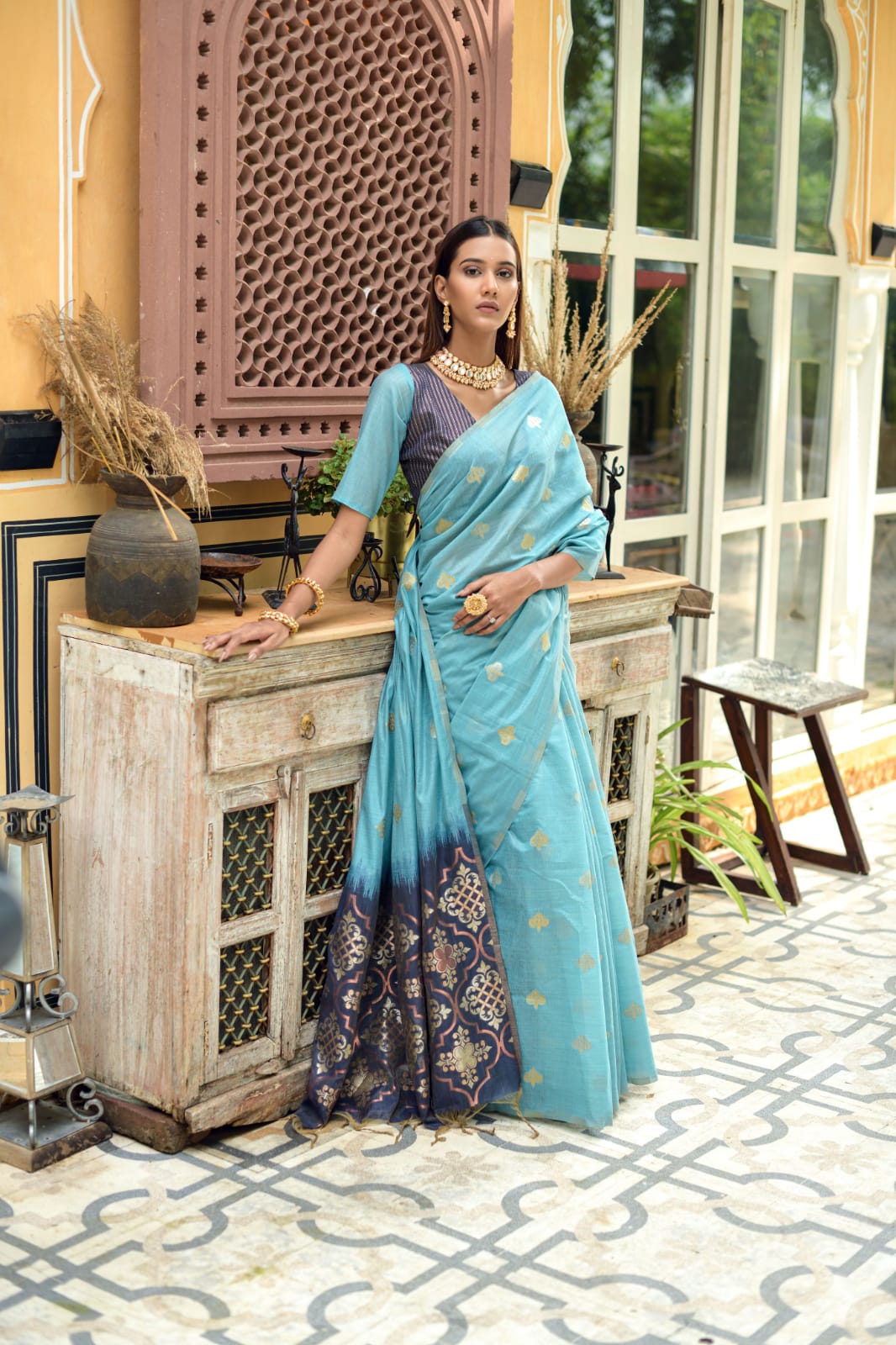 Blue Chanderi Silk Saree With Silver And Copper Zari Weaves