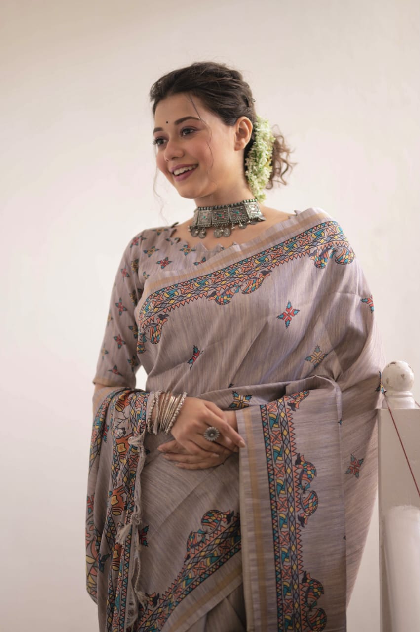 Grey Tussar Silk Saree With Madhubani Print