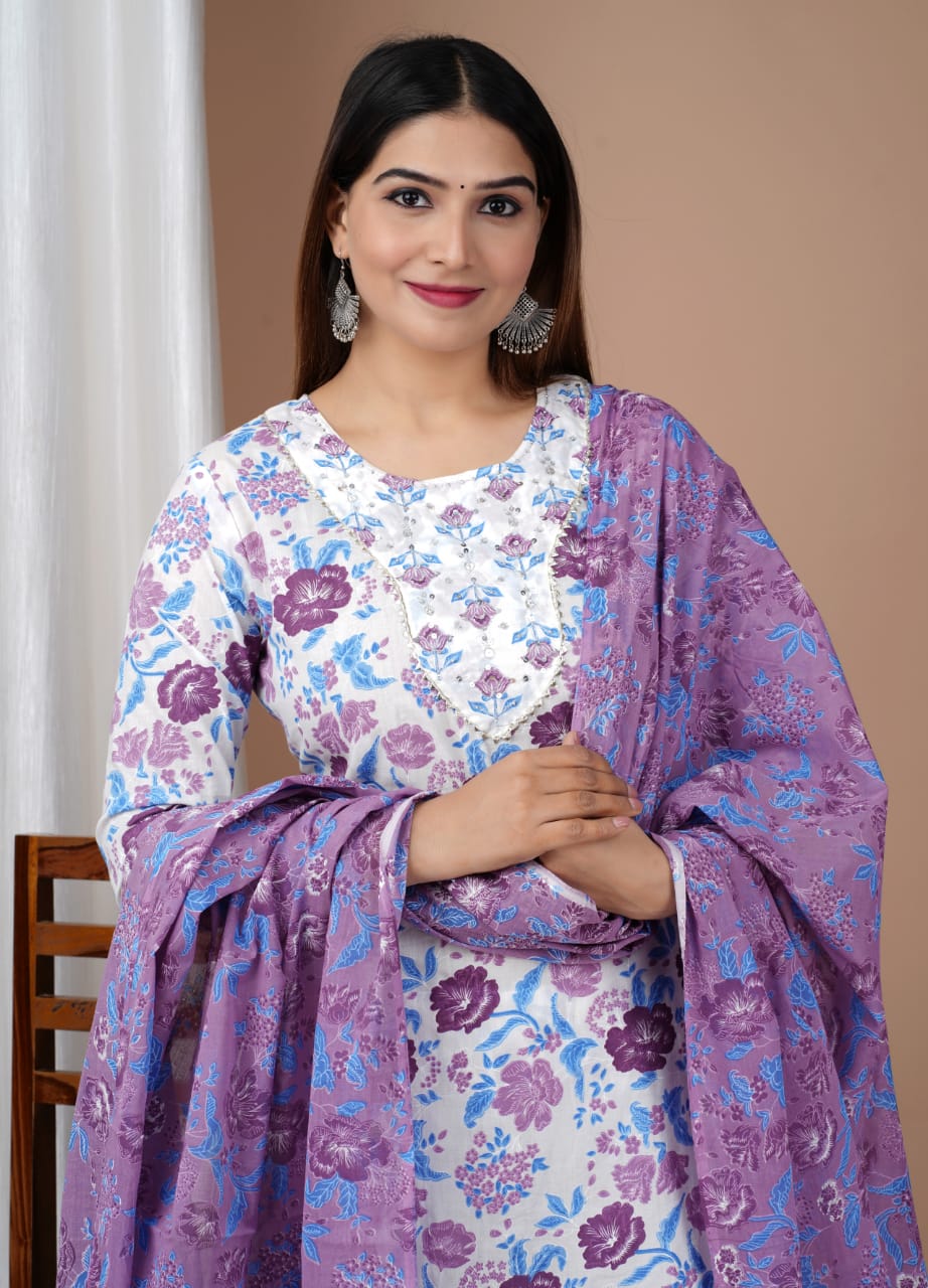 Pure Cotton Straight Kurti With Pant And Dupatta