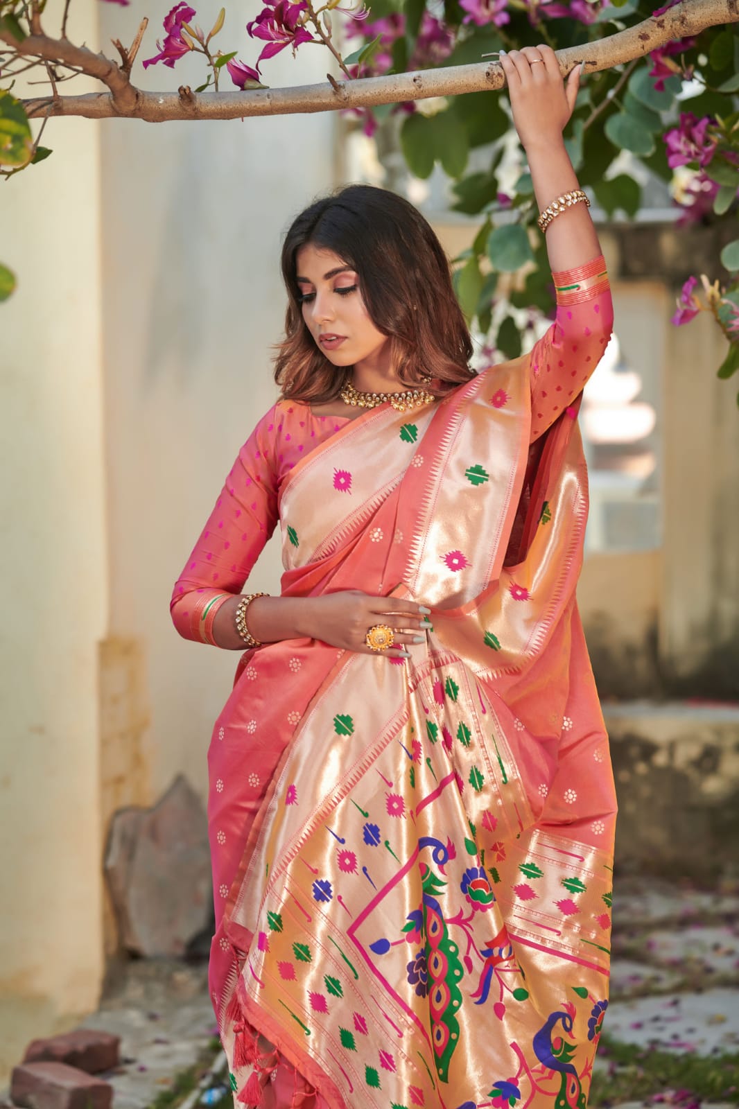 Peach Banarasi Soft Silk Paithani Saree With Zari Border