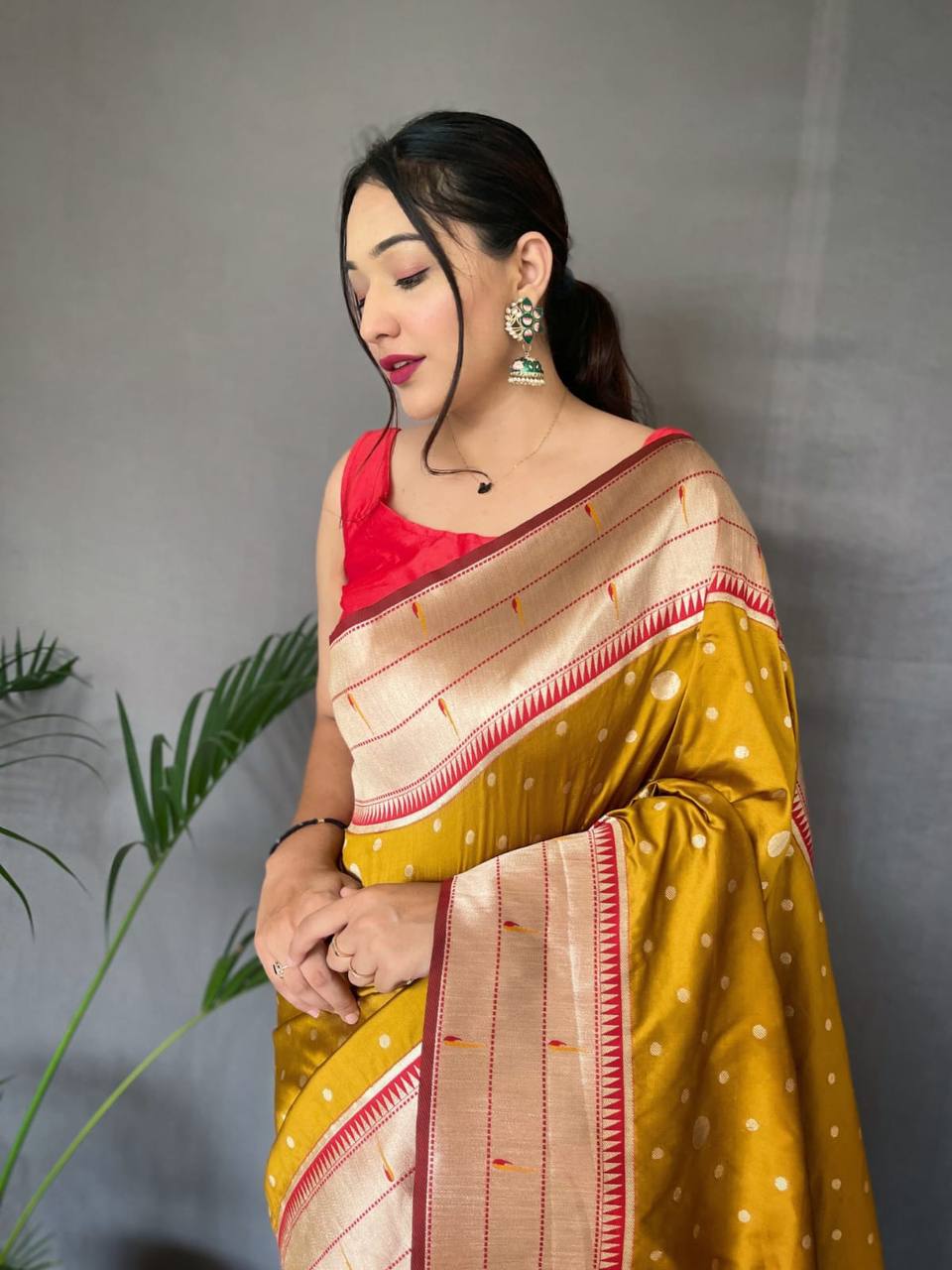 Mustard Yellow Pure Polka Paithani Silk Saree