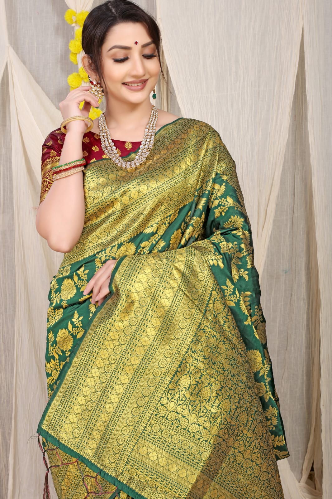 Green Pure silk saree with gold Jari weaving work And