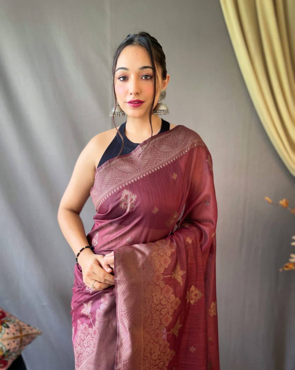 Wine Pure Linen Tissue Combination Saree