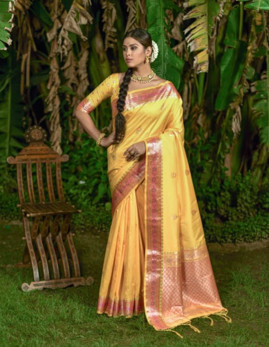 Yellow Banarasi Soft Silk Saree With Butti Weaves