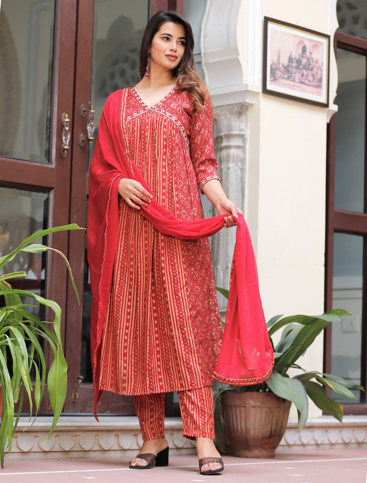 Red Beautiful Foil Capsul Printed Aliacut Embroidery Kurti Set