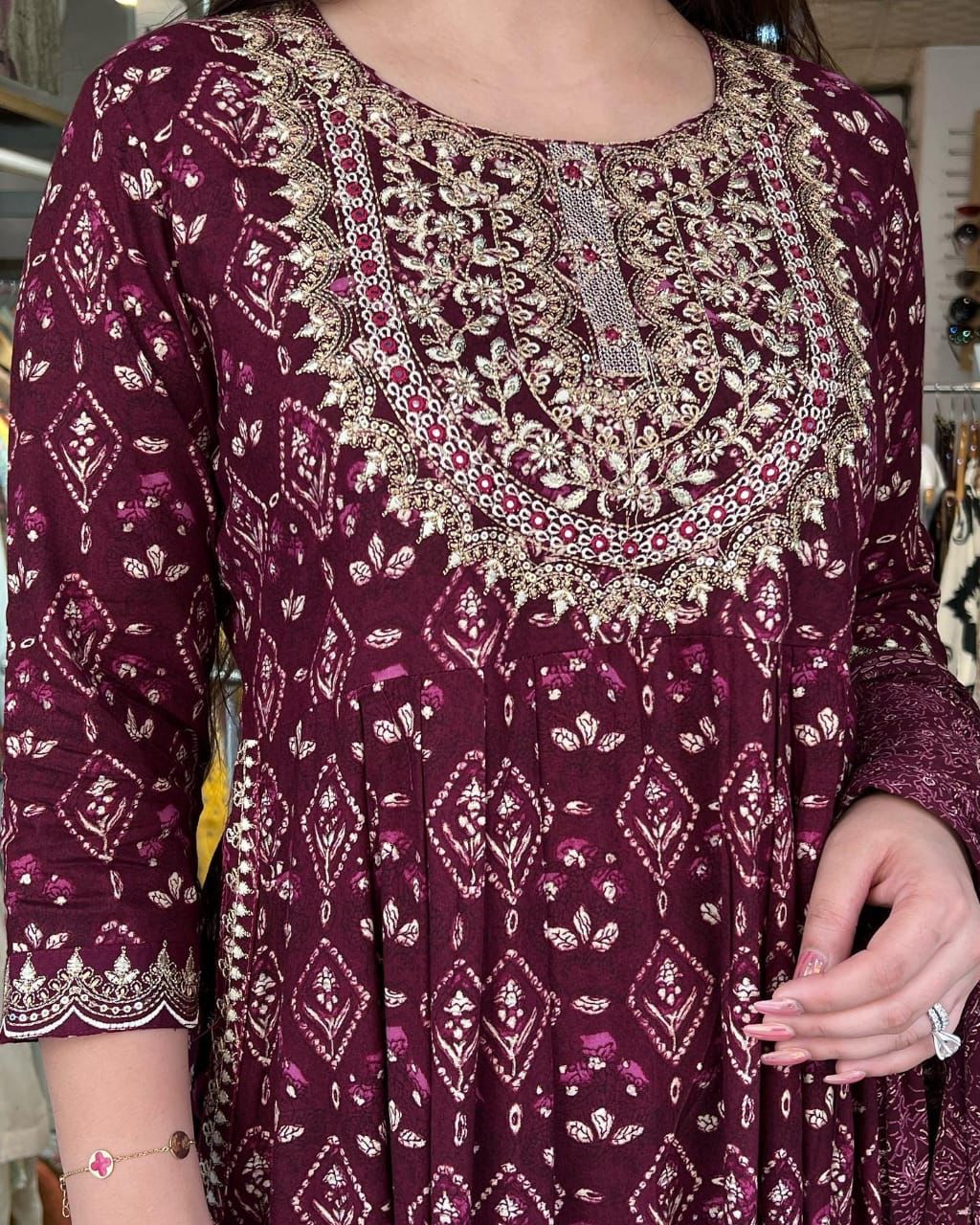 Purple Printed Kurta Set With Machine Embroidery