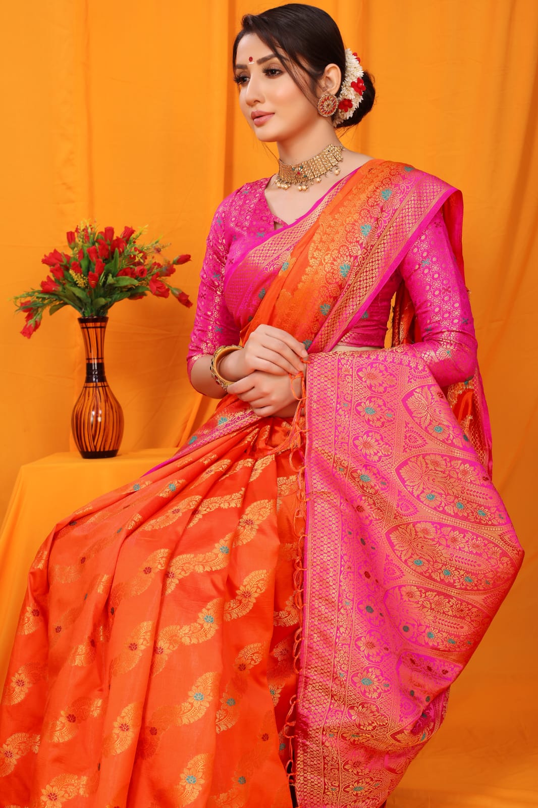 Orange Balatan Pure Silk Saree With Rich Pallu