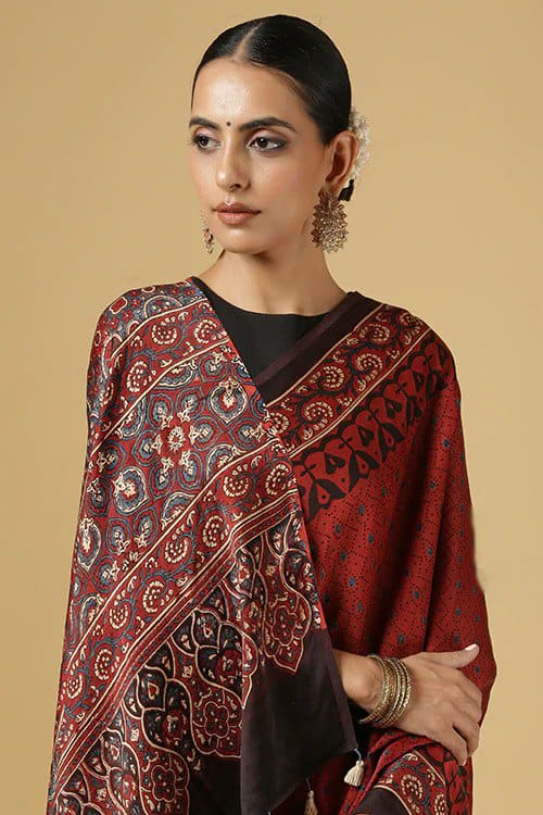 Red Ajarakh Digital Print Muslin Fabric Saree With Rich Glaze .