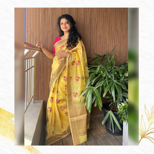 Yellow Flower Linen Silk Saree With All Over Motifs