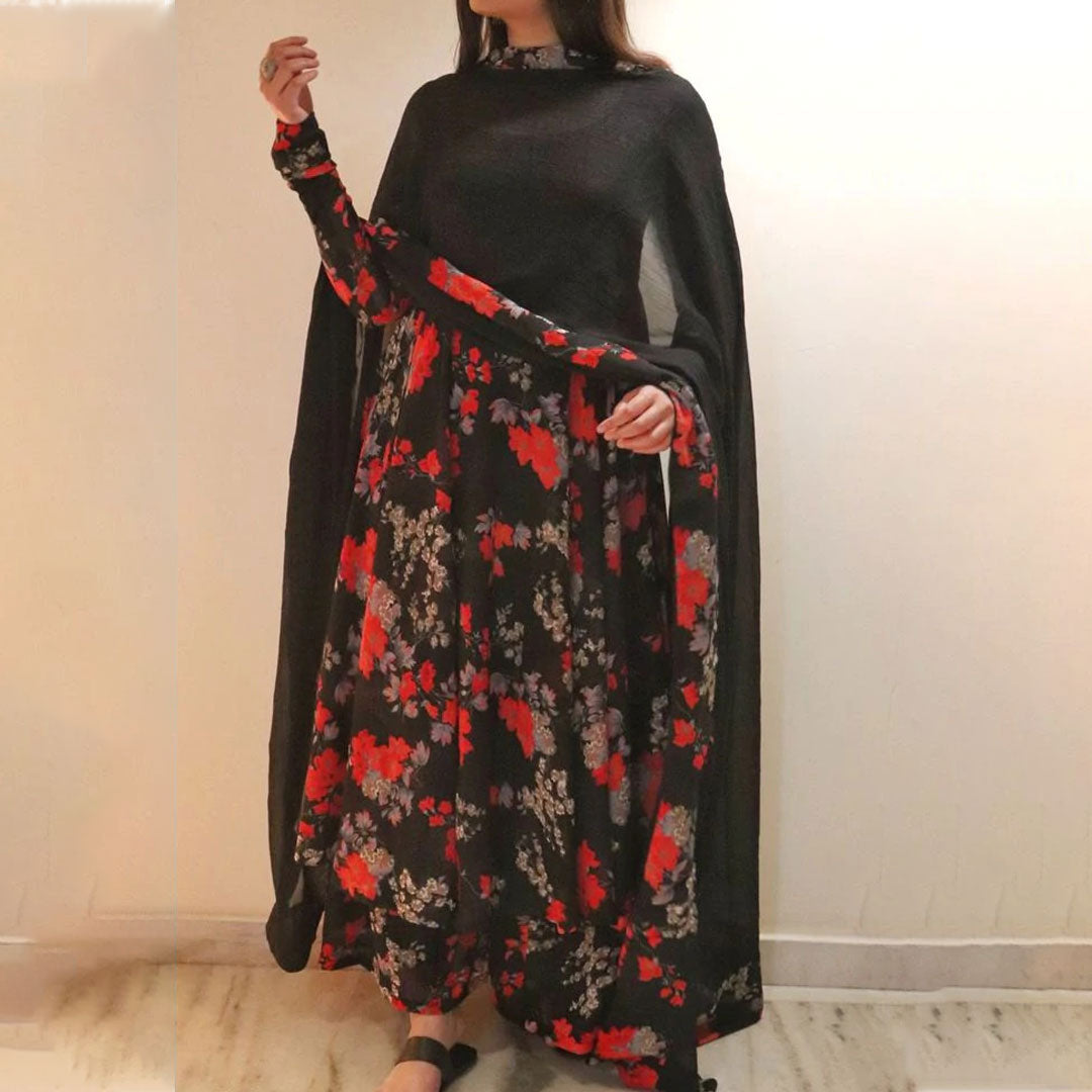 Women Black & Red Floral Printed Set