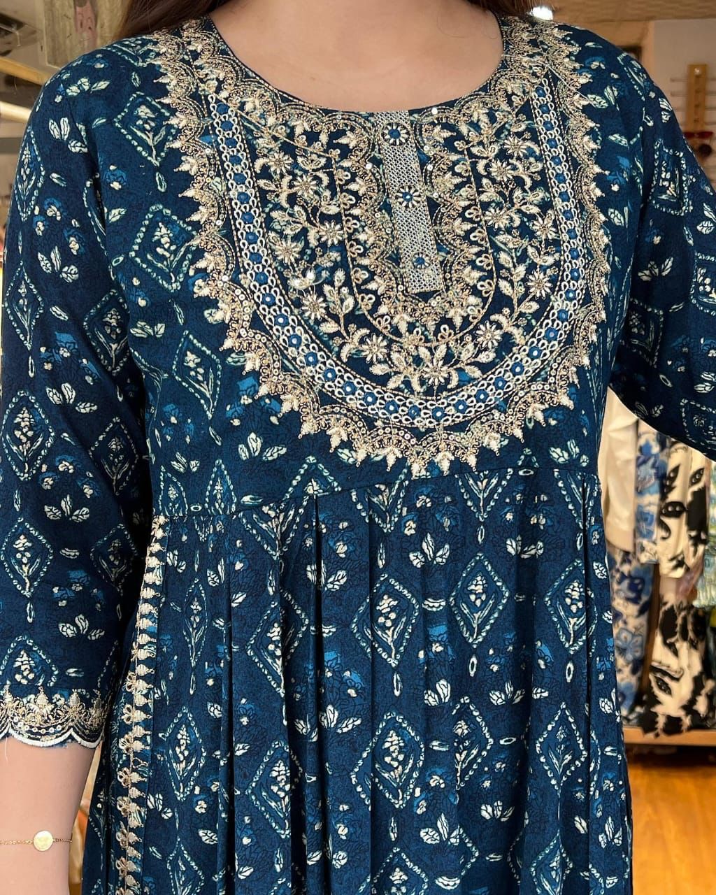 Blue Printed Kurta Set With Machine Embroidery