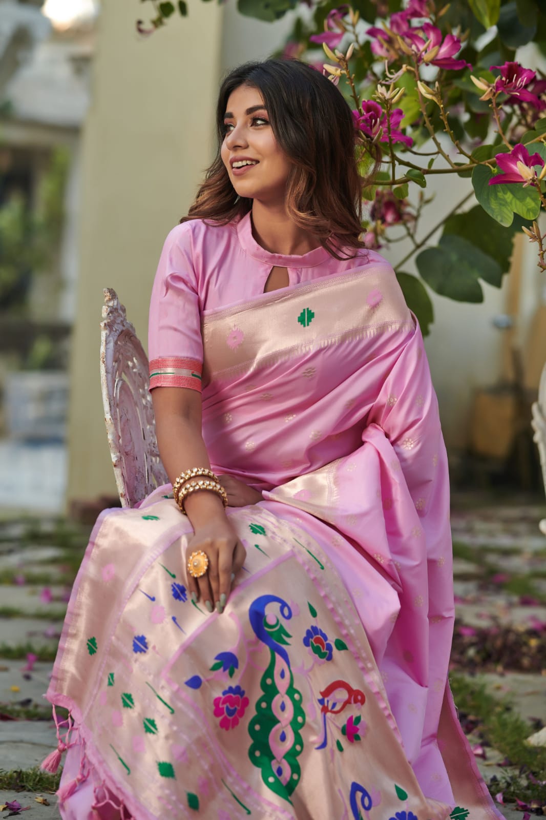 Pink Banarasi Soft Silk Paithani Saree With Zari Border