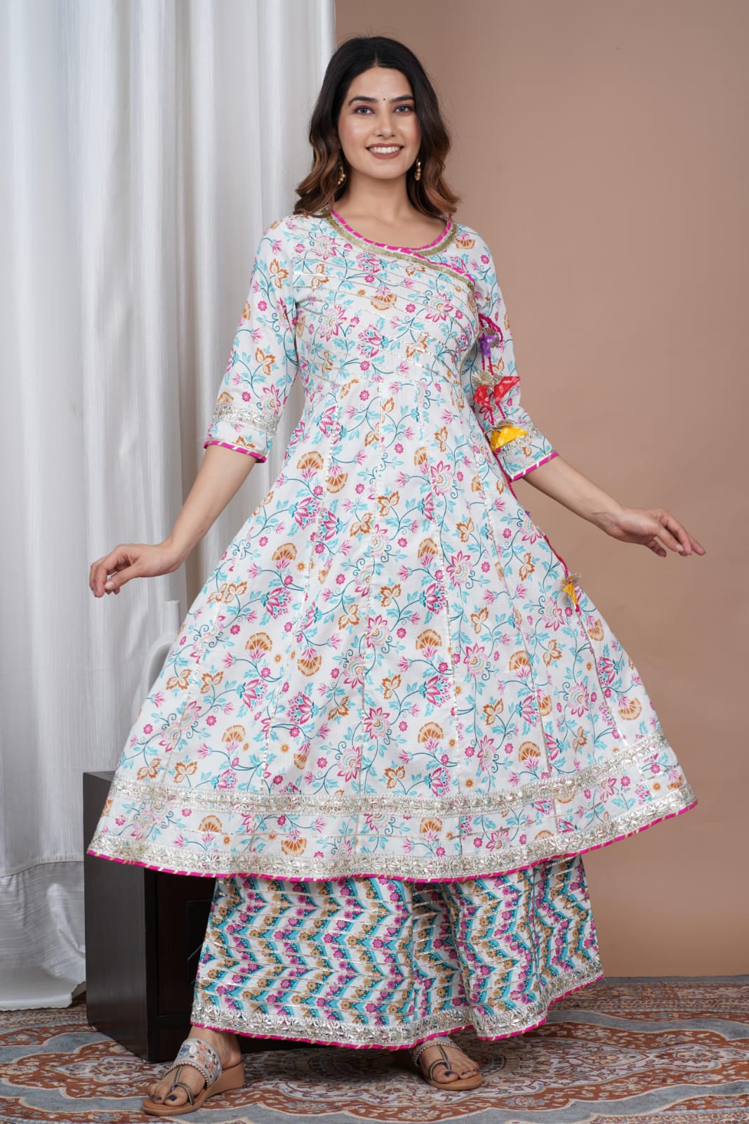 Pure Cotton Anarkali Kurti With Plazzo And Chiffon Dupatta