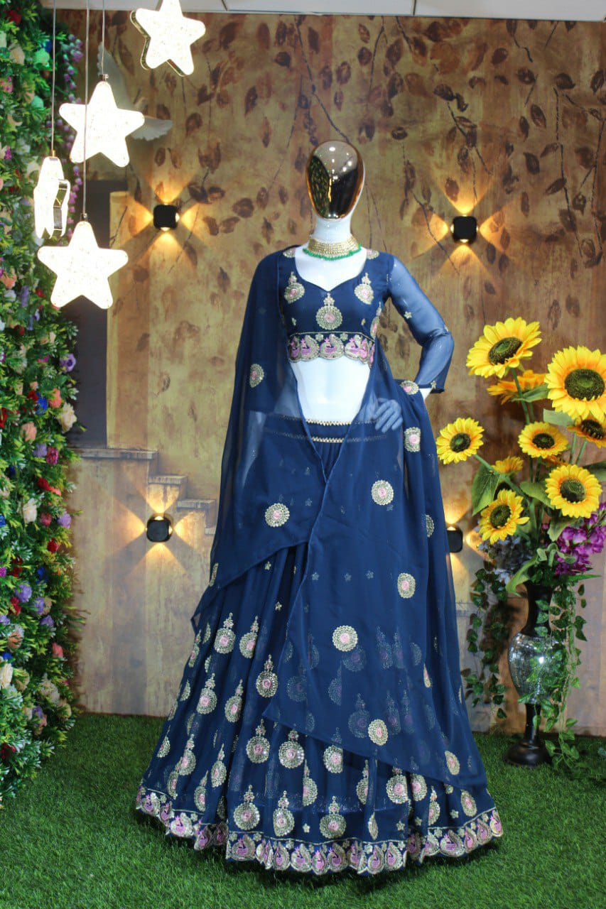 Royal Blue  Embroidered Faux Georgette Party Wear Lehenga Choli