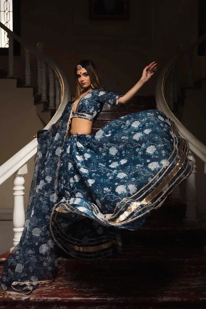 Blue Organza Embroidered Faux Georgette Party Wear Lehenga Choli