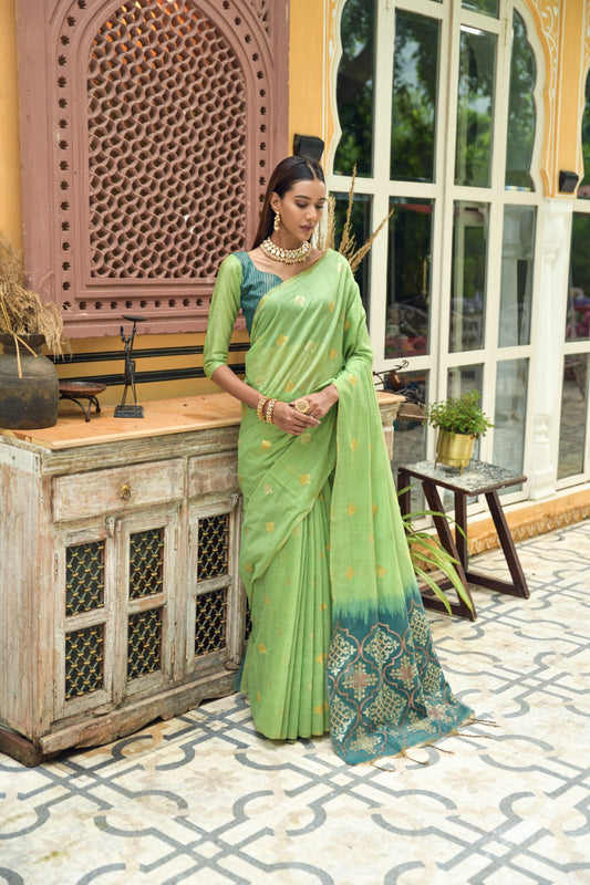 Green Chanderi Silk Saree With Silver And Copper Zari Weaves