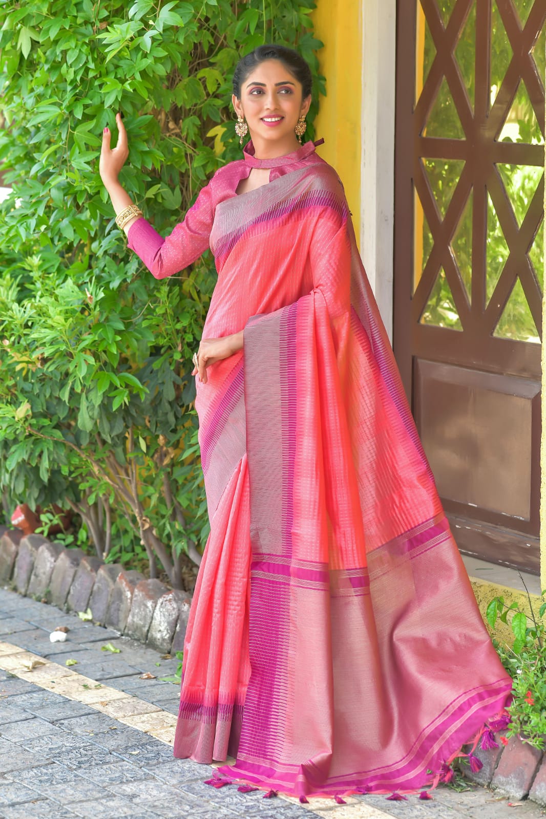 PinkSilk Saree With Zari Woven Contrast Bomkai Temple Border