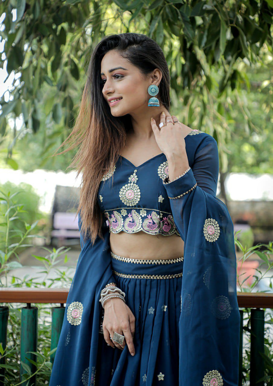 Royal Blue  Embroidered Faux Georgette Party Wear Lehenga Choli