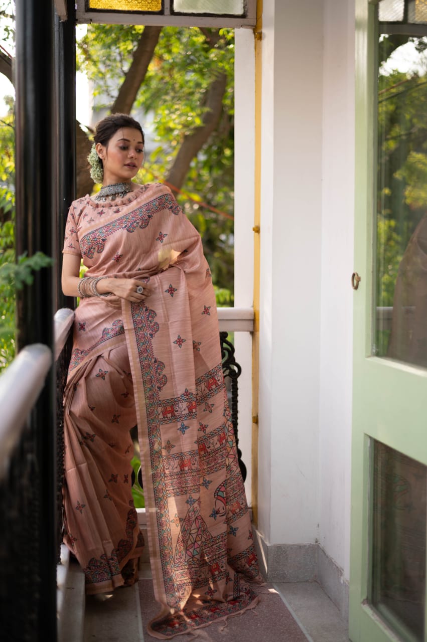 Peach Tussar Silk Saree With Madhubani Print