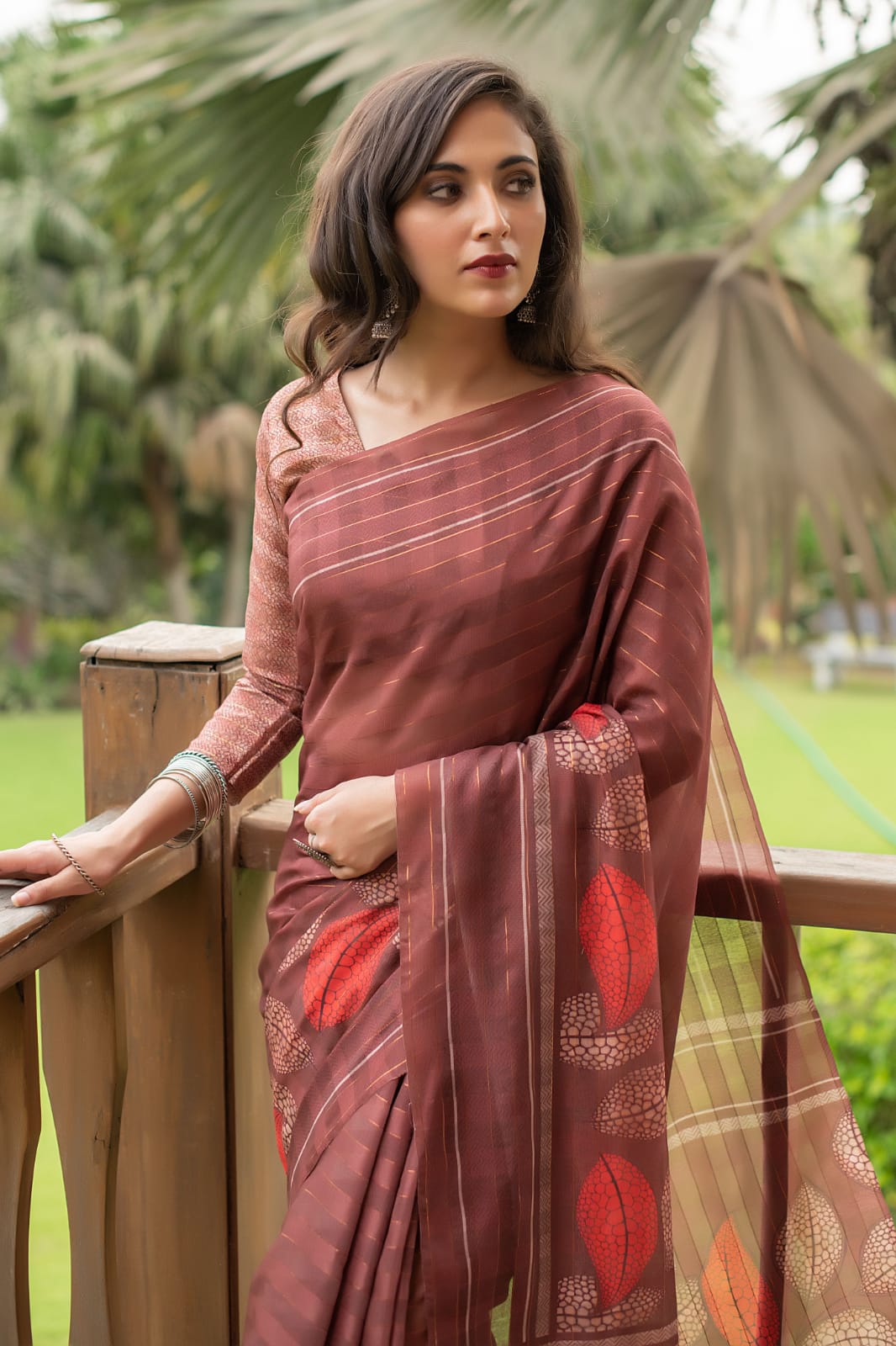 Wine Soft Linen Cotton Saree With Beautiful Digital Print And Zari Lining Pallu