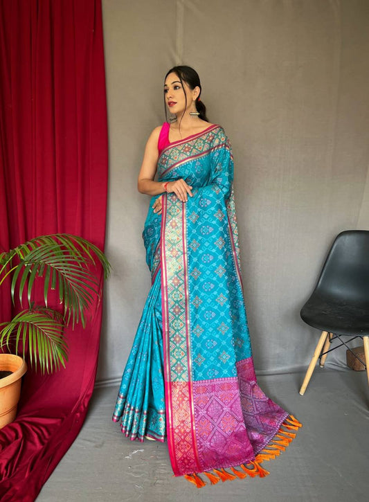Sky Blue Soft Rangeen Patola Silk Saree