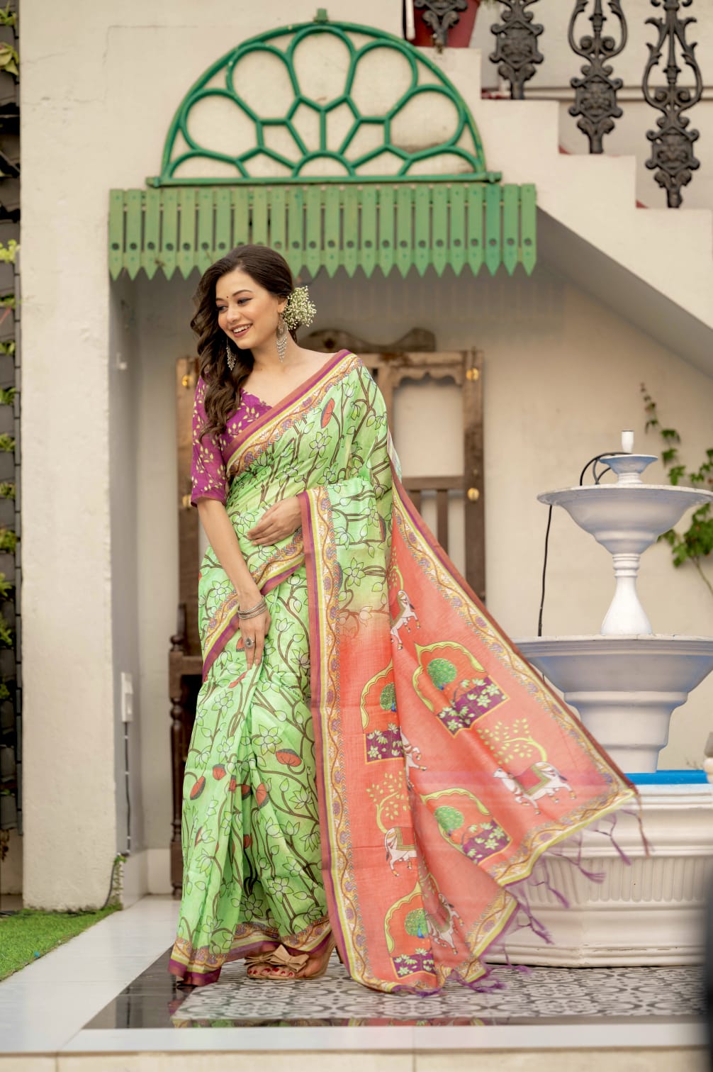 Pale Green Linen Cotton Pichwai Print  Saree