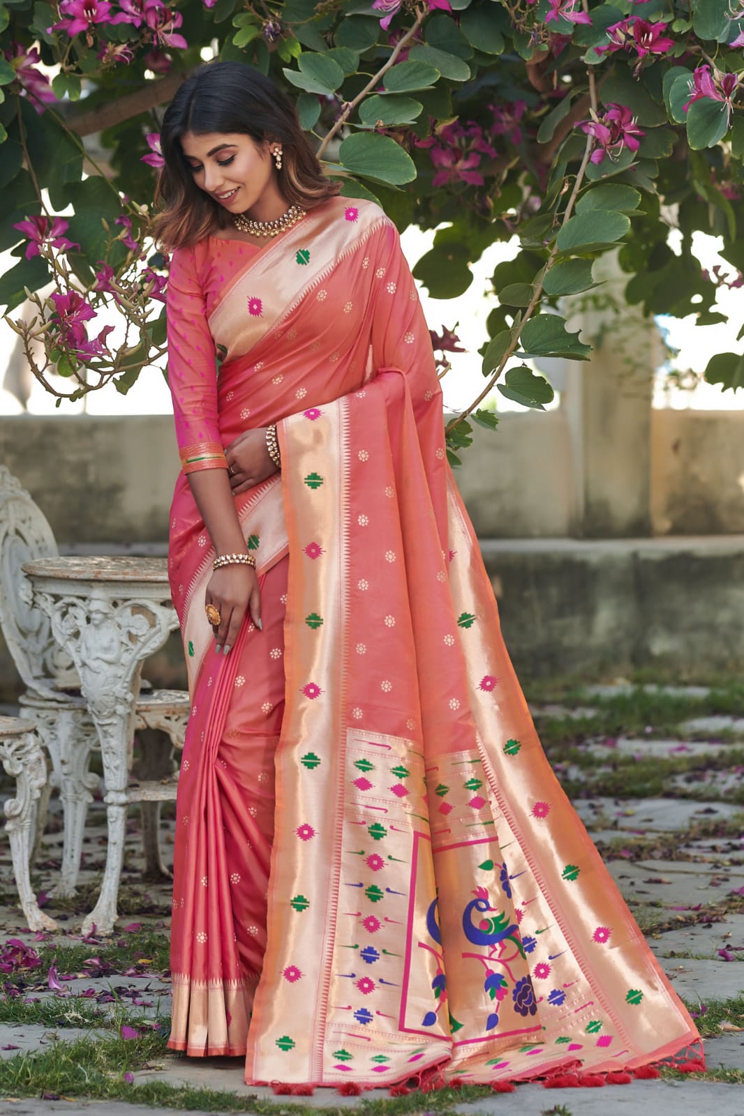Peach Banarasi Soft Silk Paithani Saree With Zari Border