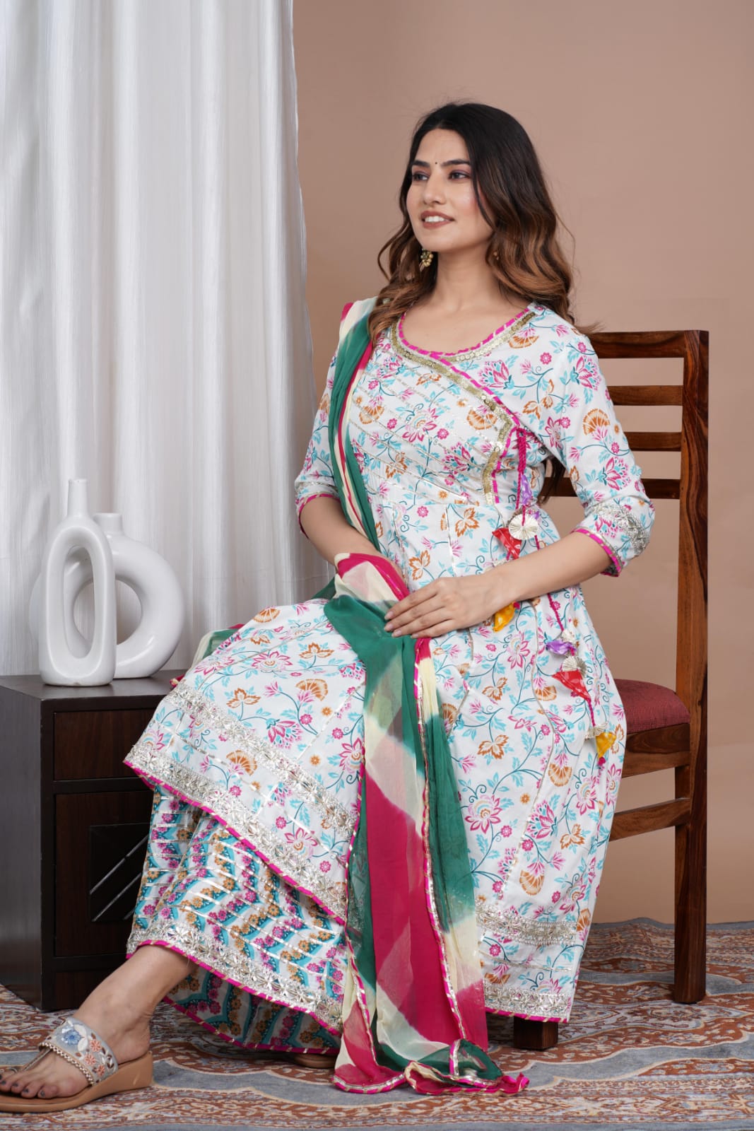 Pure Cotton Anarkali Kurti With Plazzo And Chiffon Dupatta