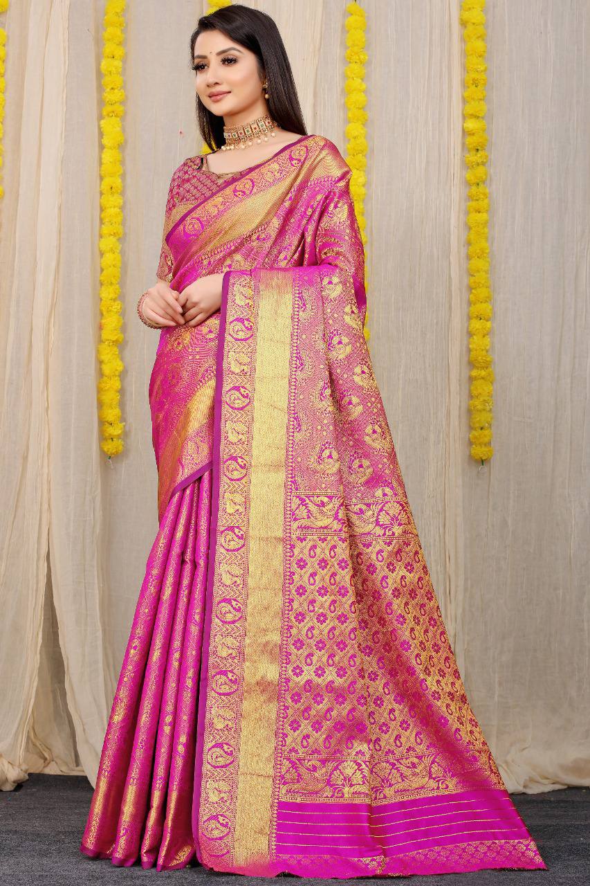 Beautiful Pink Lichi Silk Saree With Golden Weaving Work