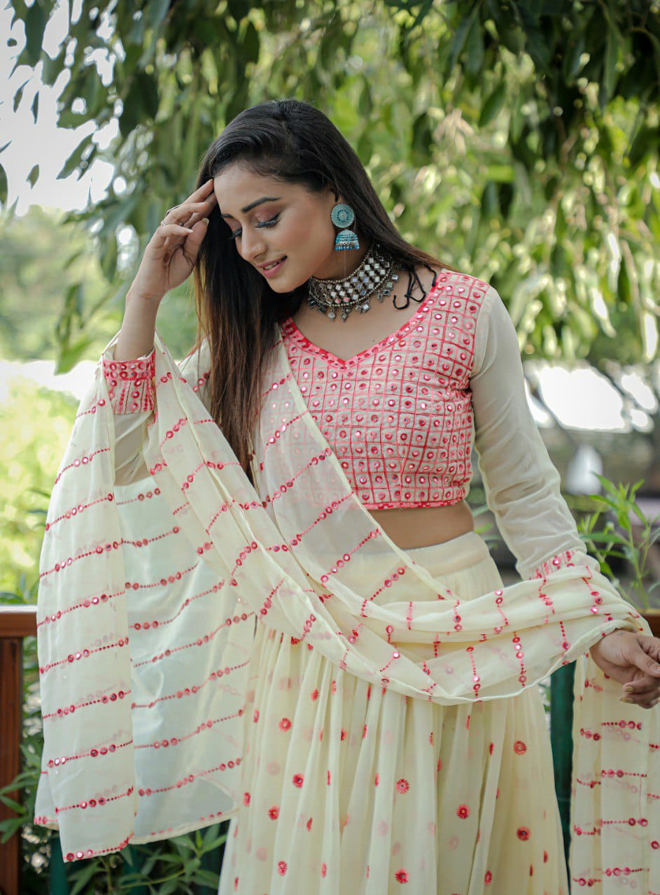 Cream Embroidered Faux Georgette Party Wear Lehenga Choli