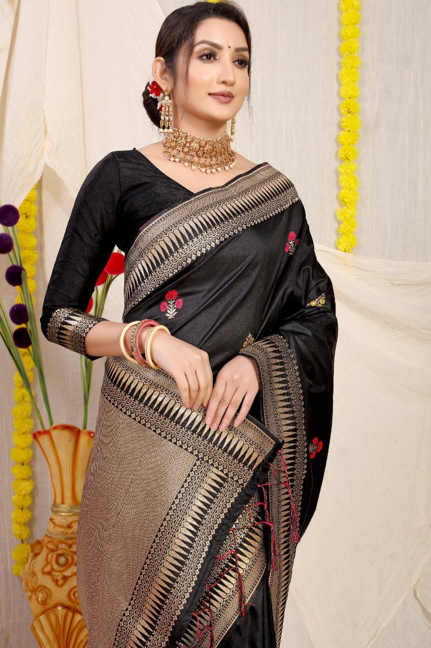 Kanchipuram Pure Black Silk Handloom Saree
