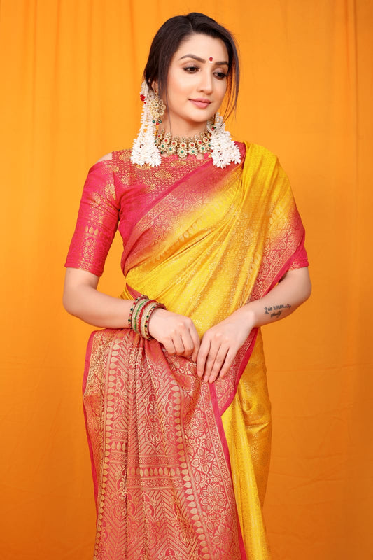 YellowPure Soft Silk Saree With Hand dying And Zari Weaving Work