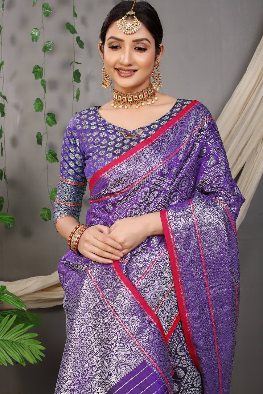 Beautiful Purple Lichi Soft Silk Saree With Weaving Silver