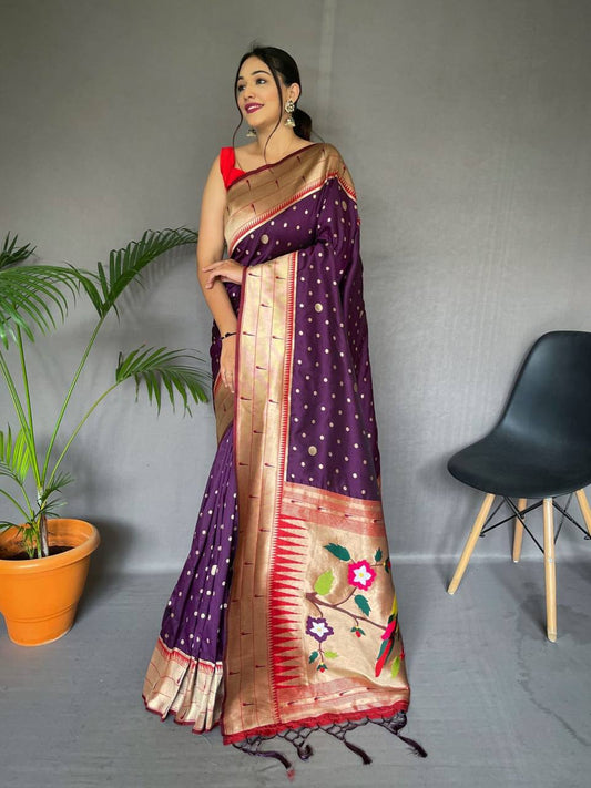 Purple Pure Polka Paithani Silk Saree