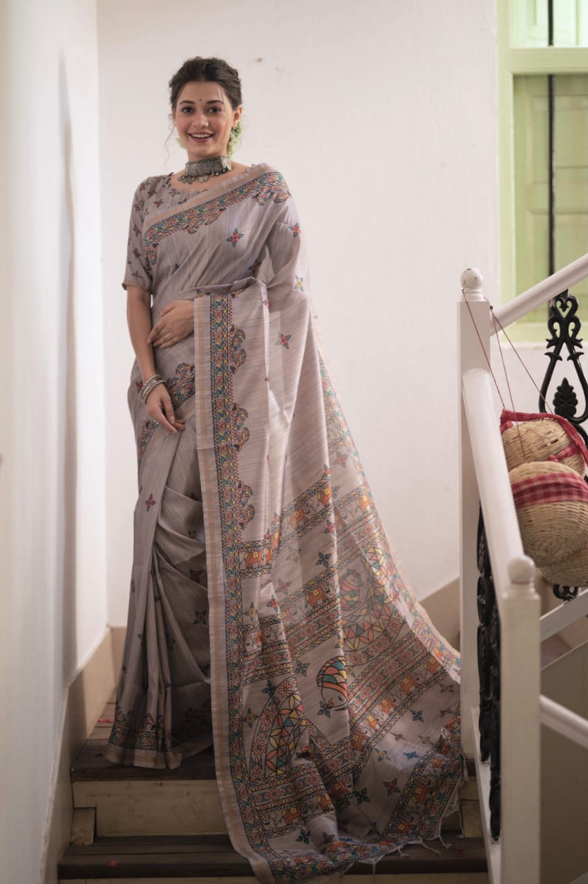 Grey Tussar Silk Saree With Madhubani Print