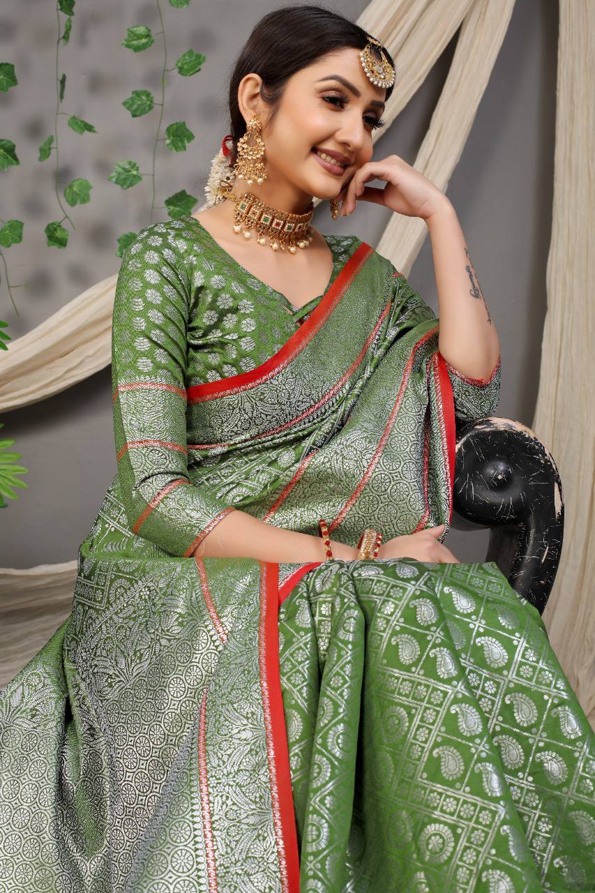 Beautiful Light Green Colour With Lichi Soft Silk Saree With Weaving Silver