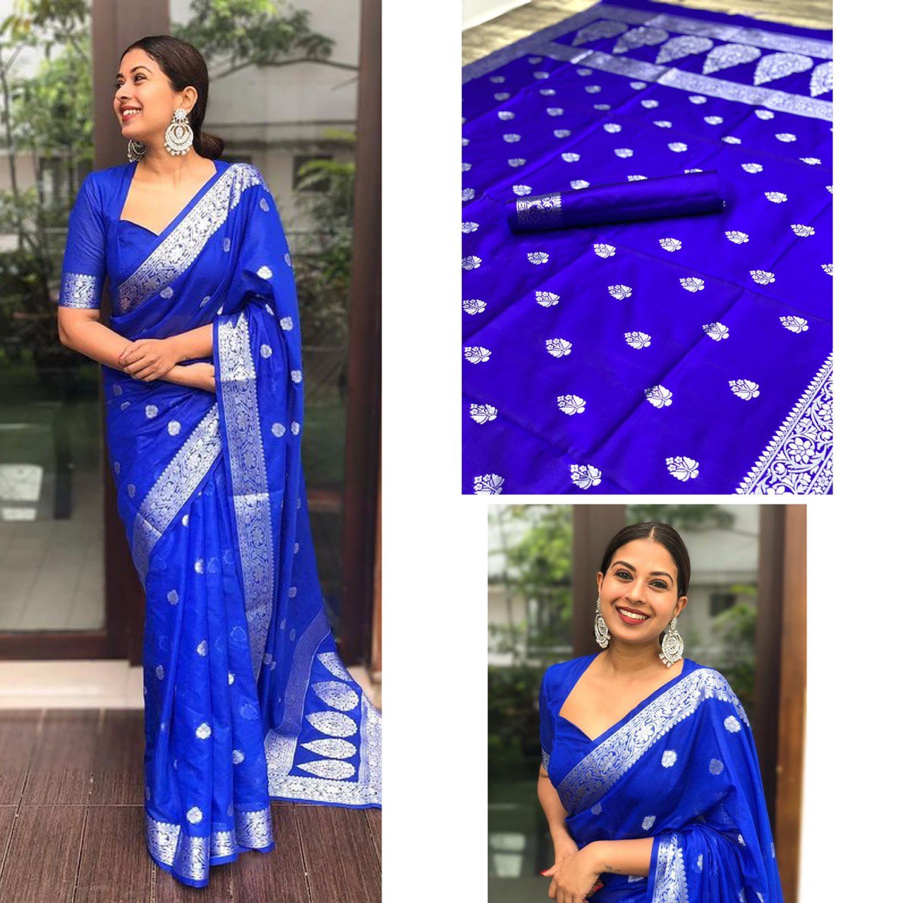 Royal Blue Lichi Silk Banarasi Saree With Silver Weaving