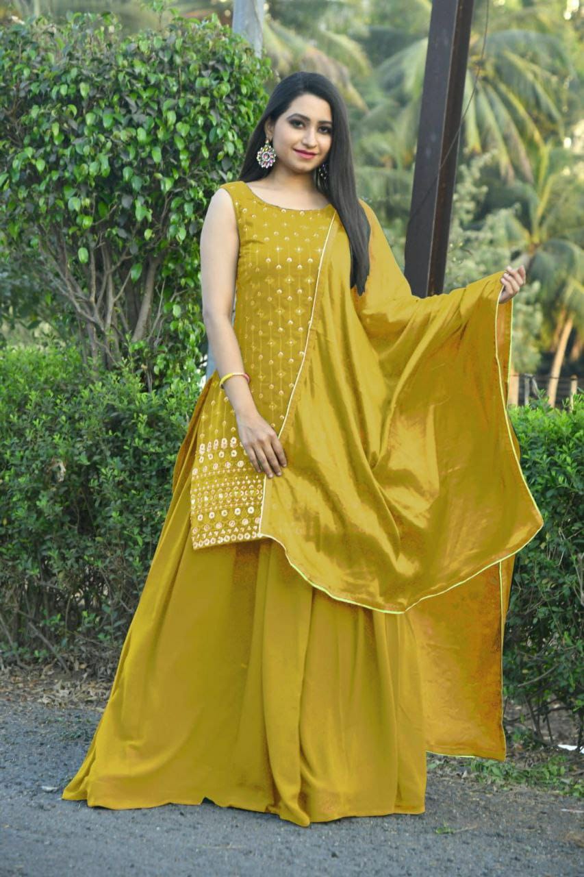 Beautiful Faux Georgette Yellow Top With Plazo and Dupatta