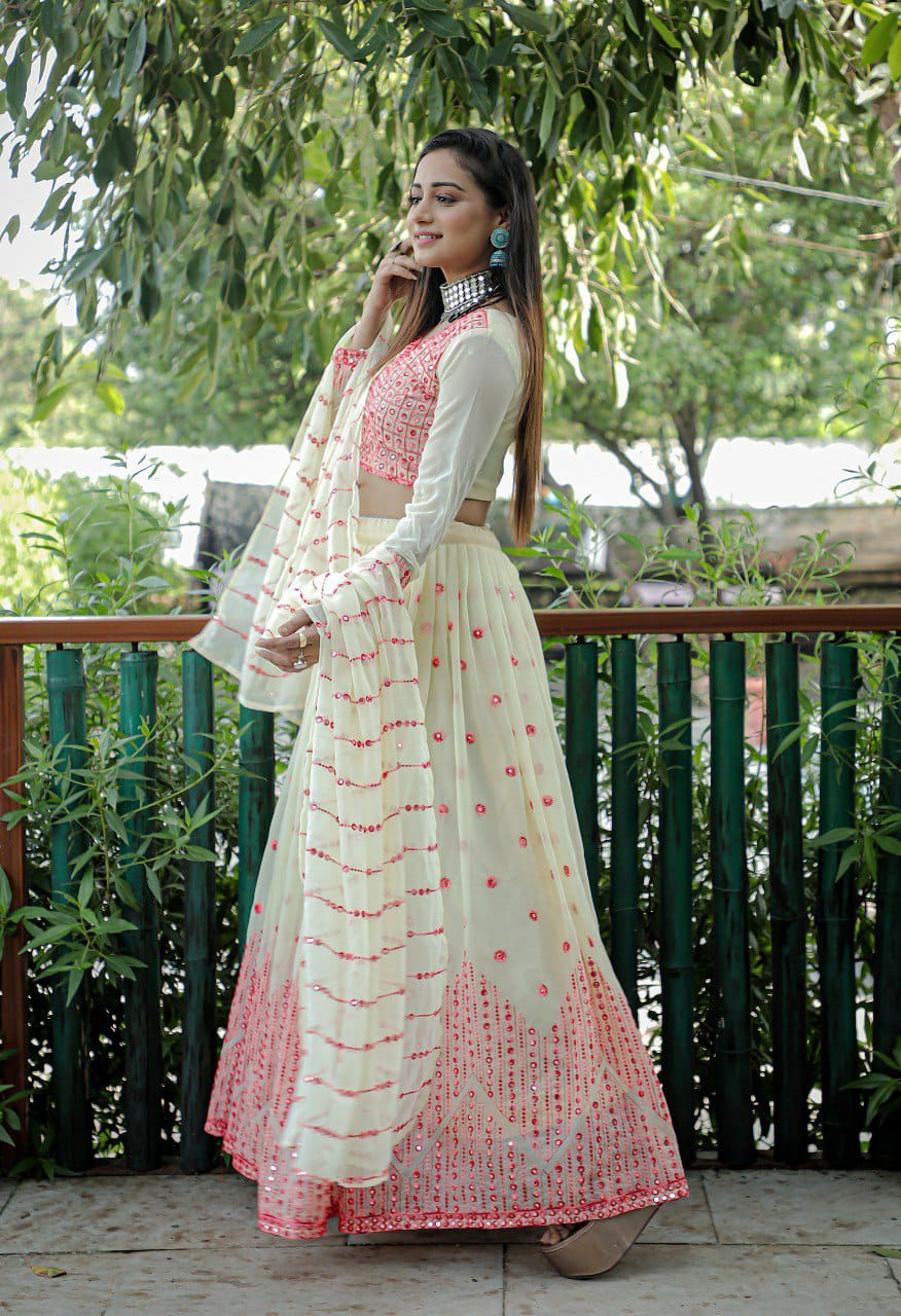 Cream Embroidered Faux Georgette Party Wear Lehenga Choli