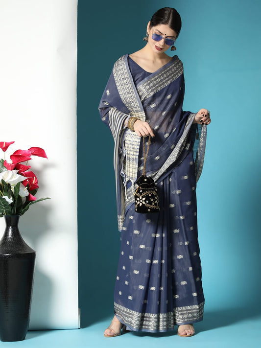 Blue Chanderi Chikankari Weaving Saree With Classy Zari