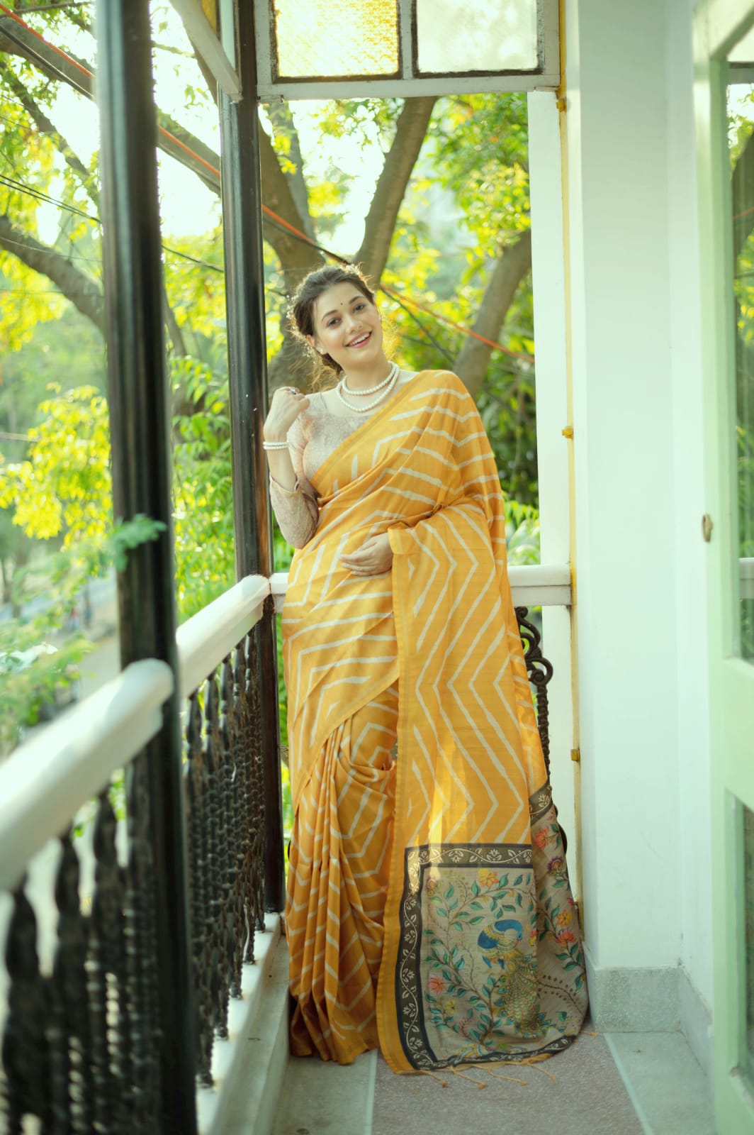 Yellow Laheriya Saree With Kalamkari Peacock Pallu
