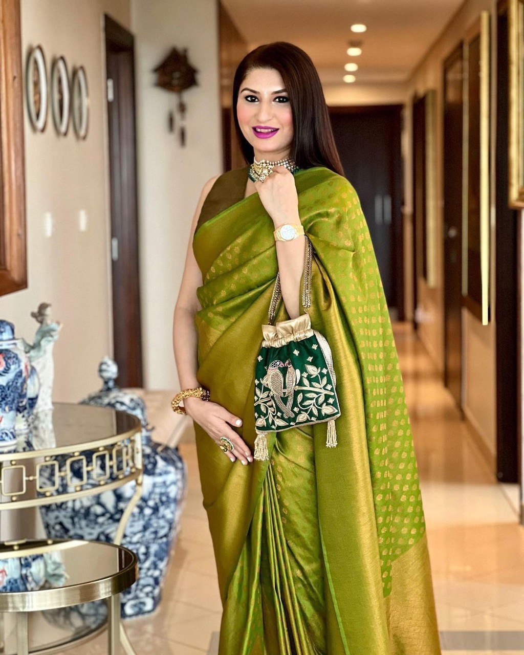 Green Lichi Silk Banarasi Saree