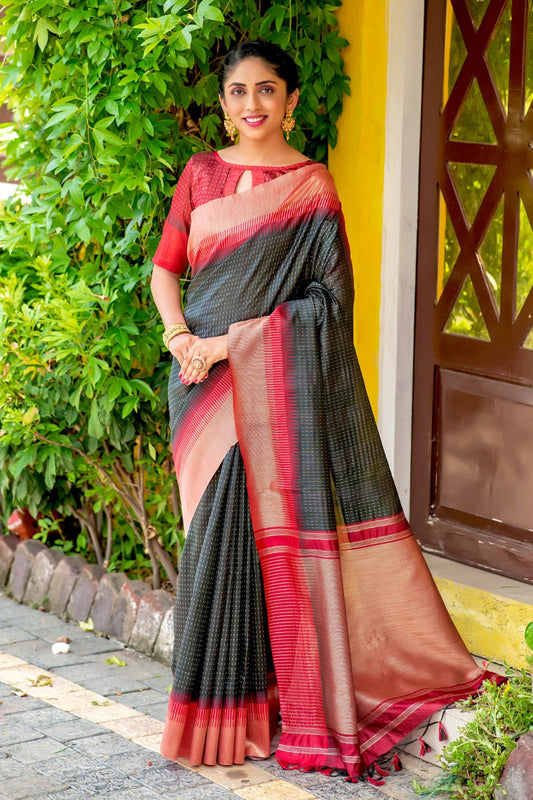 Grey Silk Saree With Zari Woven Contrast Bomkai Temple Border