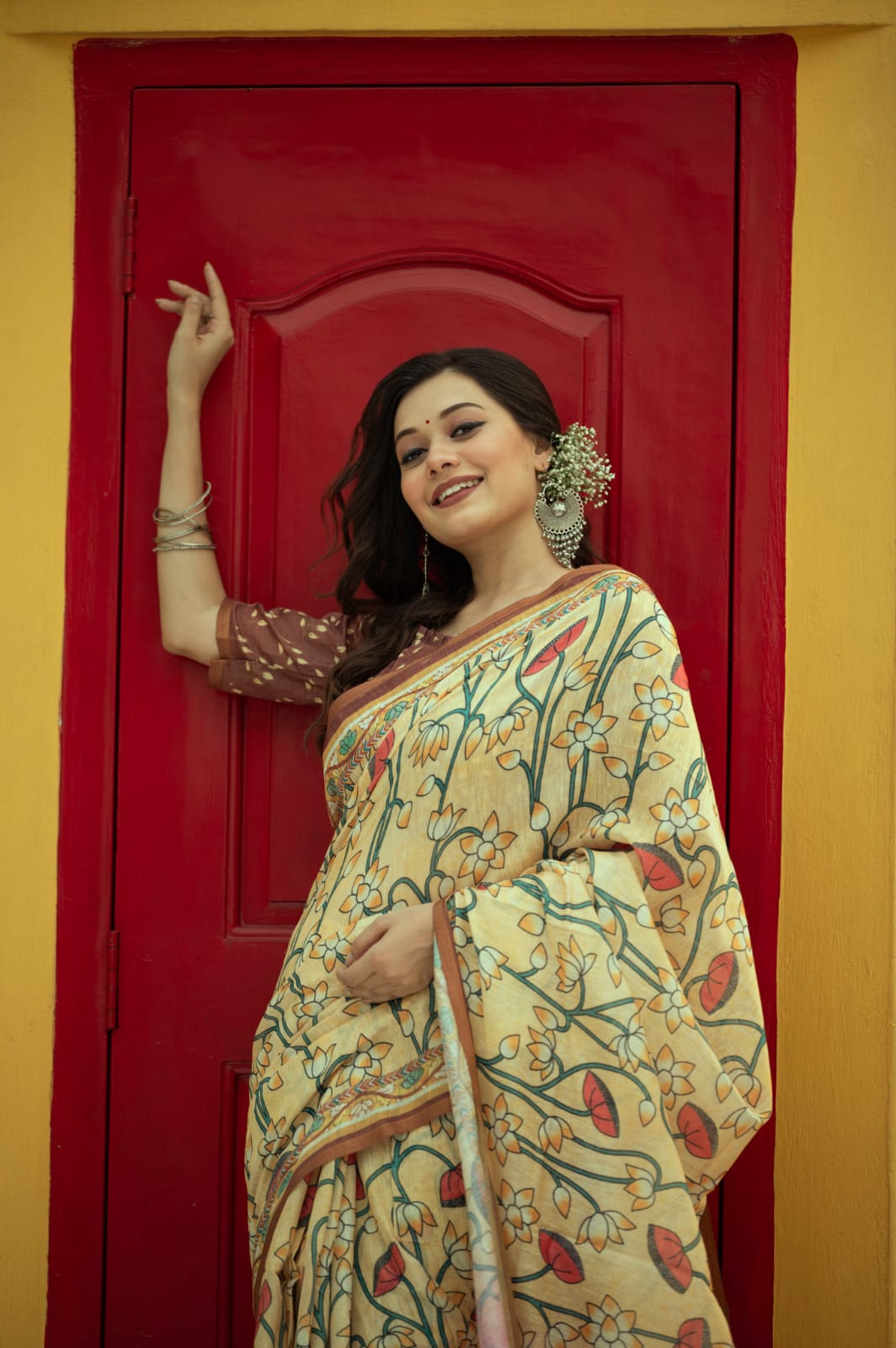 Lemon Yeloow Linen Cotton Pichwai Print  Saree