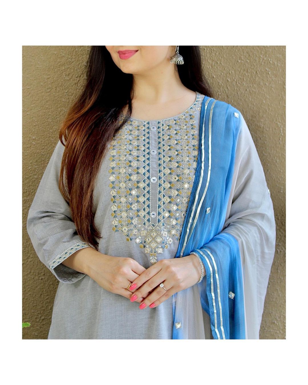 Gotta Lace And Embroidery Work Kurti Dupatta Set