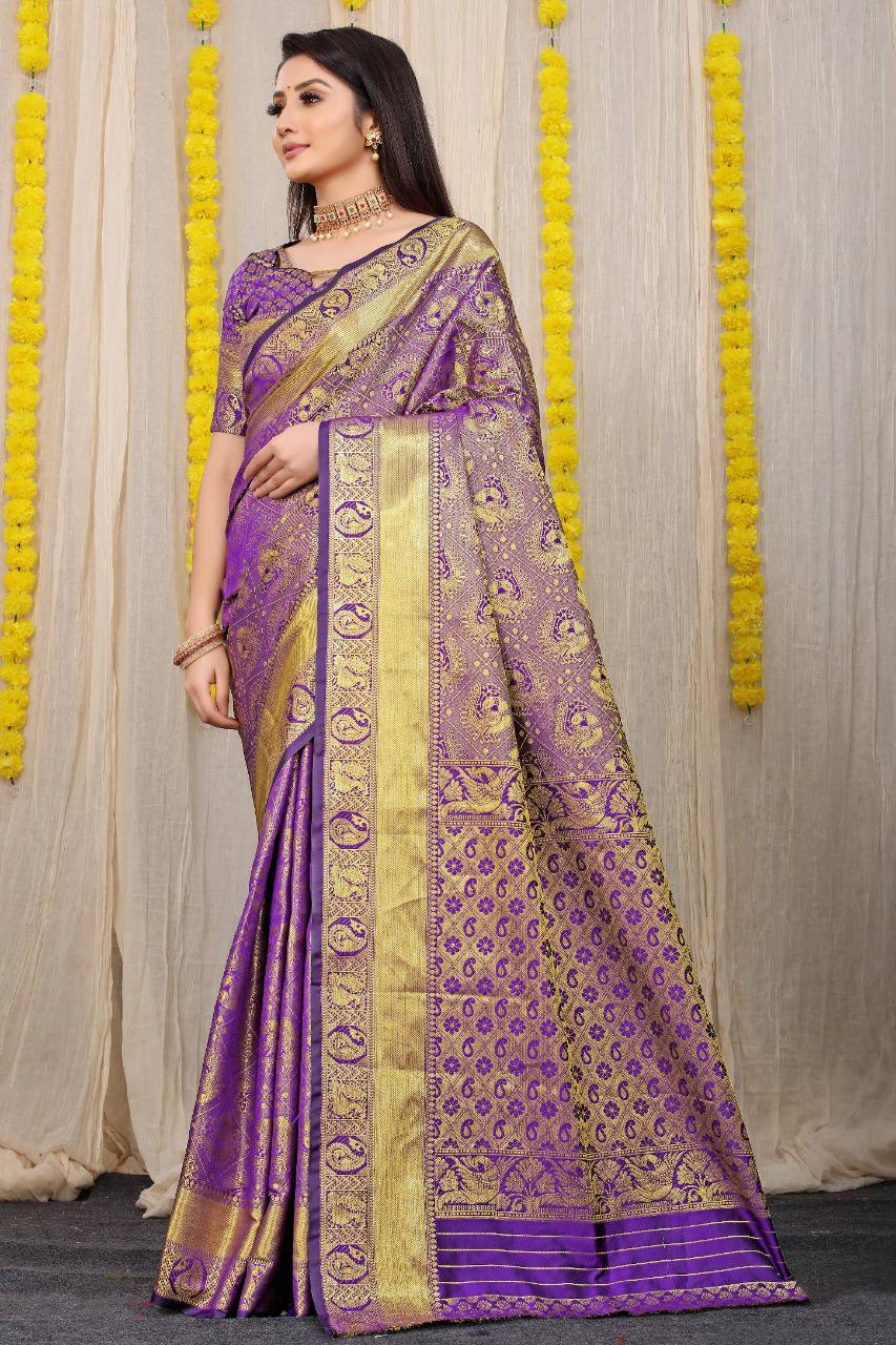 Beautiful Purple Lichi Silk Saree With Golden Weaving Work