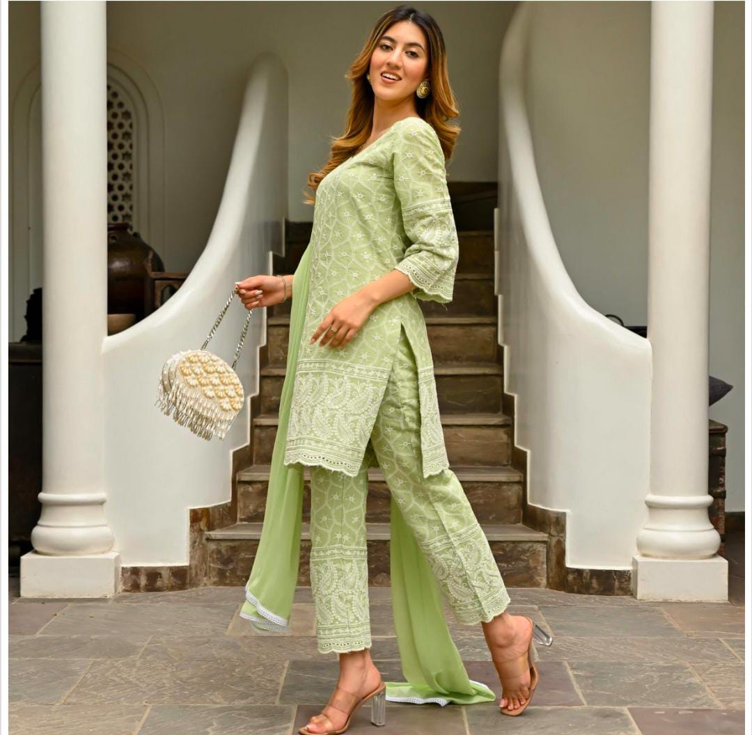 Green Chikenkari Embroidered  Kurta Set With Dupptta