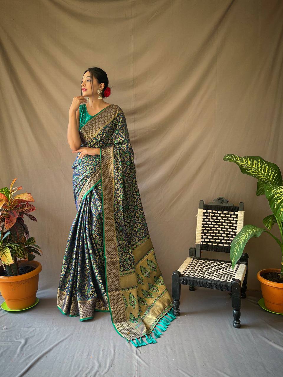 Green Pure Patola Silk Saree With Contrast Meenakari