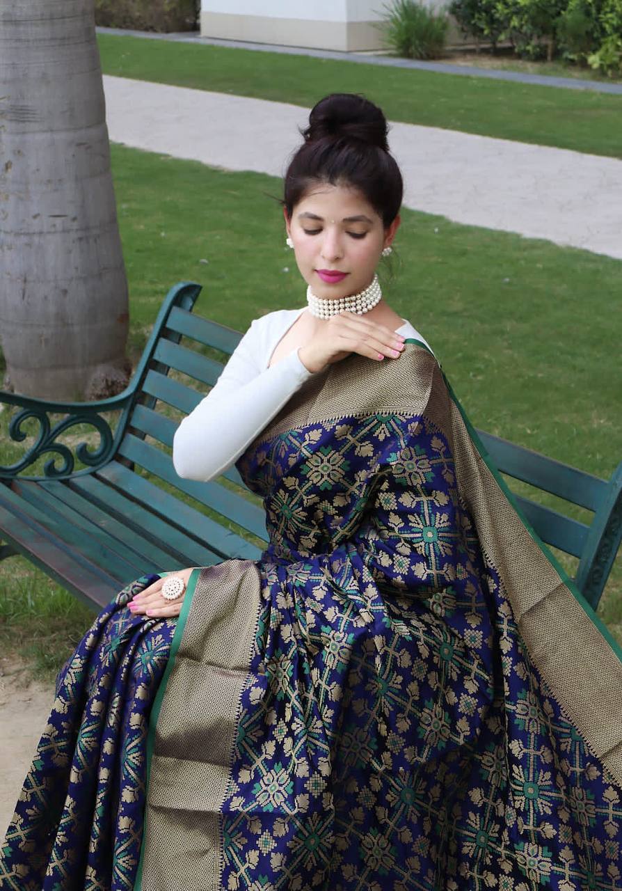 Blue Bandhej Silk Saree With Weaving Gold Zari Border